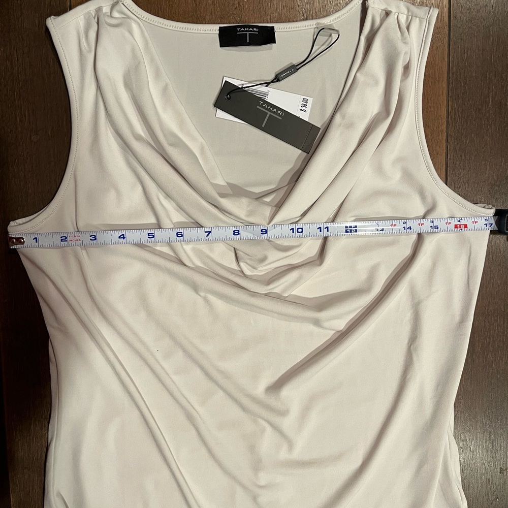 NWT light taupe TAHARI drape neck sleeveless shell, size small - Picture 2 of 6